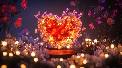 Aufkleber - Heart Shape Made of Flowers with Magical Lights in a Dark and Dreamy Setting