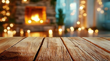 Aufkleber - Warm Cozy Interior with Wooden Table and Soft Bokeh Lights in a Festive Setting