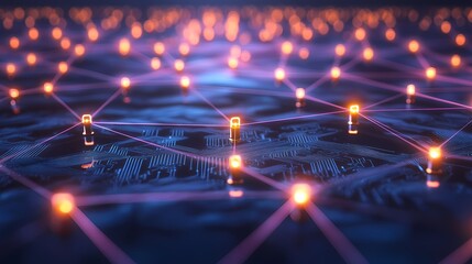 Aufkleber - Abstract Digital Landscape with Glowing Nodes and Connected Lines in Blue and Purple Tones
