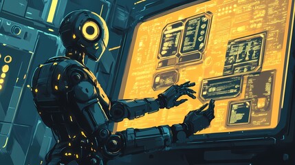 Fototapete - Futuristic Robot Interacting with Advanced User Interface in Neon Environment