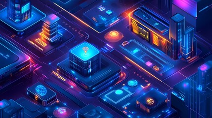 Aufkleber - Futuristic Cityscape with Neon Lights and Digital Technology Elements