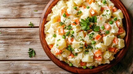 Delicious creamy potato salad with carrots and peas on wooden table