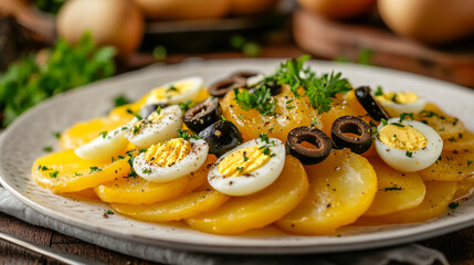 Wall Mural - Delicious potato salad with black olives, boiled eggs, and fresh parsley