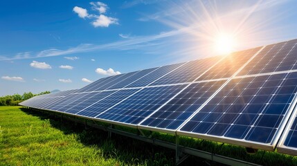 Solar panels in a lush green field under a bright blue sky, reflecting sunlight with a vibrant glow, symbolizing renewable energy.