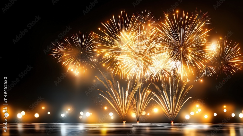 A breathtaking New Year's Eve 2025 celebration with golden fireworks ...