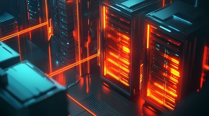 Poster - Futuristic Data Center with Neon Lights and High-Tech Server Racks in Dark Environment