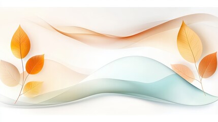 Fototapete - Abstract botanical  wall art combining delicate line art of leaves with watercolor shapes in muted tones, creating a  aesthetic.
