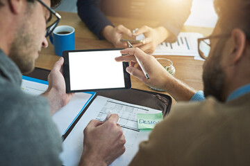 Poster - Businessman, team and tablet with screen for finance, expenses or cost on design project at office. Creative employees with technology display or documents for discussion or startup on mockup space
