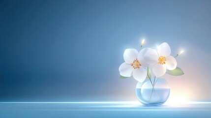 Poster - Charming   design of primrose flowers in a cute glass vase, highlighted by a glowing light navy-blue backgrounds, creating a calming aesthetic.