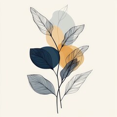 Fototapete - Contemporary botanical  art showcasing linear foliage drawings intertwined with soft abstract shapes, emphasizing simplicity