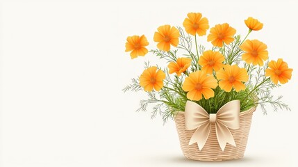 Poster - Elegant   of marigolds in a beige rattan basket with a cute bow, placed on a soft light-colored backdrop, ideal for warm and welcoming floral design themes.