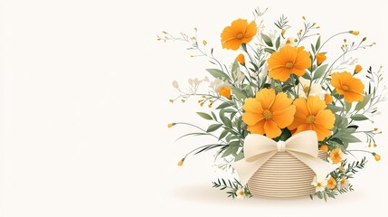 Poster - Elegant   of marigolds in a beige rattan basket with a cute bow, placed on a soft light-colored backdrop, ideal for warm and welcoming floral design themes.