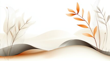 Poster - Elegant watercolor boho foliage  featuring minimal line art plants overlaid with soft abstract shapes, ideal for modern prints.