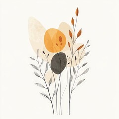 Fototapete - Minimalist botanical wall art  featuring elegant foliage line art drawings combined with abstract organic shapes in soft earthy tones, isolated on a clean white backgrounds