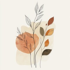 Fototapete - Minimalist botanical wall art  featuring elegant foliage line art drawings combined with abstract organic shapes in soft earthy tones, isolated on a clean white backgrounds