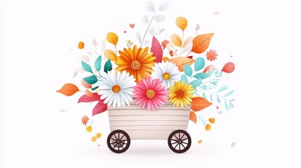 Poster - Sweet   illustration of chrysanthemums in a cute wooden cart, ideal for vibrant and welcoming outdoor or garden-themed designs.