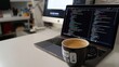 © Olsek - A cozy workspace with a laptop display and a coffee cup alongside. It showcases programming and productivity in a serene environment. Generative AI