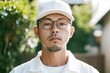 © pham - 公園で自信に満ちた表情の男性が自然光の中で立っている