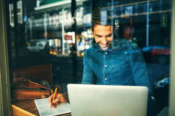 Poster - Laptop, window and businessman in cafe with notes for ideas, online research and planning project. Coffee shop, remote work and person with diary on computer for internet, website and schedule