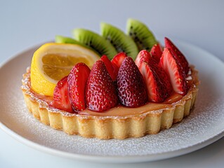 Canvas Print - A delicious fruit tart topped with strawberries, lemon, and kiwi on a plate.