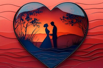 Wall Mural - Romantic Silhouette Couple in Heart-Shaped Frame Against a Red Wavy Background.