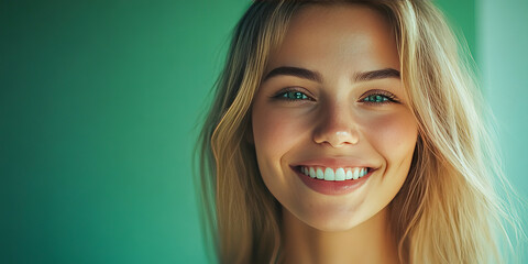 Wall Mural - Smiling caucasian young female with blonde hair against green background