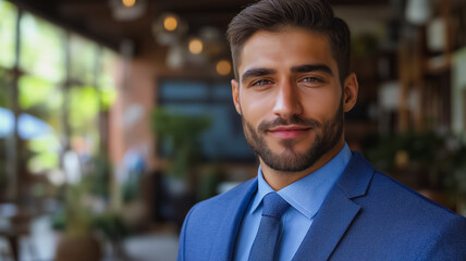 Poster - a man in a blue suit and tie is smiling for the camera