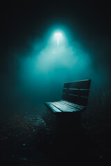 Poster - A bench is sitting in the dark with a light shining on it. The light is blue and the bench is wooden