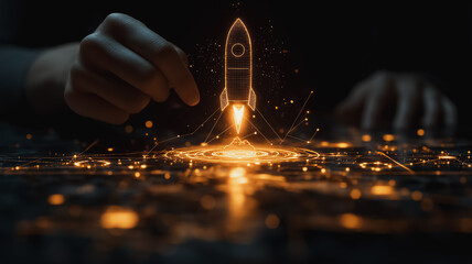 Poster - a hand is pointing at a rocket on a black background