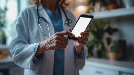 Poster - A woman in a white lab coat is holding a tablet in her hand. She is likely a doctor or a nurse, as she is wearing a lab coat. The tablet appears to be a medical device