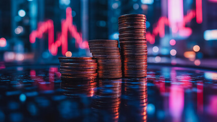 Poster - A stack of coins is on a table with a reflection of the coins in the water