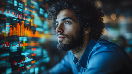 Wall Mural - A man with a beard looking at a computer screen with a lot of numbers. Concept of focus and concentration as the man stares at the screen