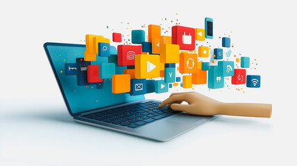 Poster - A laptop with a hand on it and a colorful background with many icons. Concept of technology and the importance of using it to communicate and connect with others. Scene is energetic and dynamic