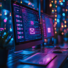 Poster - A computer monitor displays a glowing image of an email. The computer is surrounded by other computer equipment, including a laptop and a mouse. Scene is one of technology and productivity