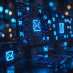 Poster - A computer monitor displays a blue box with a red cross through it