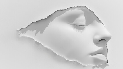 Poster - A woman's face is shown in a white background with a hole in the middle of it. The image is abstract and has a sense of mystery and depth
