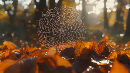 A spider web is on top of a pile of leaves