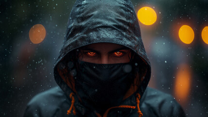 Poster - A man with a hoodie on and a bandana covering his mouth. He has red eyes and is looking at the camera
