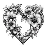 Intricate Black and White Floral Heart Design for Valentine's Day, Wedding Invitations, or Romantic Projects.