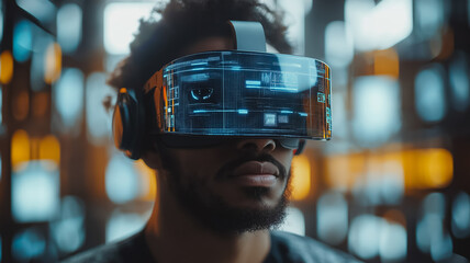 Poster - A man wearing a virtual reality headset is looking at a computer screen