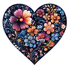 Canvas Print - Vibrant Floral Heart Design in Dark Hues A Romantic Illustration.