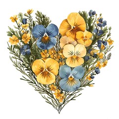 Canvas Print - Heart-Shaped Bouquet of Watercolor Pansies and Wildflowers in Blue and Yellow Hues.