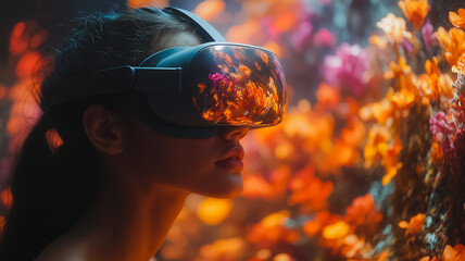 Aufkleber - A woman wearing a virtual reality headset is looking at a colorful flower garden