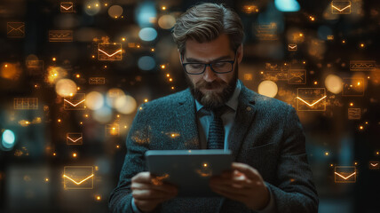Poster - A man wearing a suit and glasses is looking at a tablet