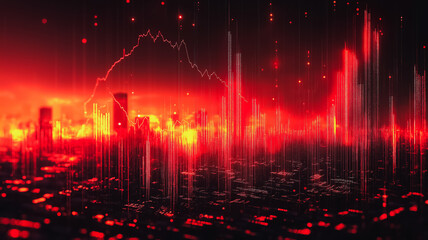 Poster - a cityscape with red buildings and a red sky. the buildings are tall and the sky is filled with red 