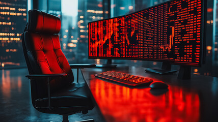 Poster - A computer desk with a black chair and a red monitor. The chair is positioned in front of the monitor, and the monitor is displaying a red background. The room is dimly lit