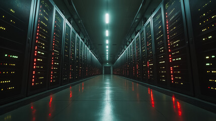 Poster - A long hallway with many computer servers lit up in red. The servers are lined up in rows and the lights are on