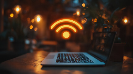 Poster - A laptop is lit up with a wifi symbol on the screen. Concept of connectivity and the importance of staying connected in today's world. Scene is somewhat mysterious and intriguing