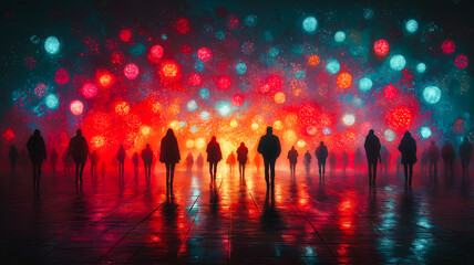 Poster - A group of people are standing in the rain, with a bright red