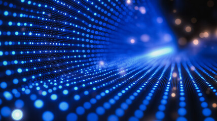 Poster - a blue and white image with a lot of dots. the image has a futuristic and technological feel to it